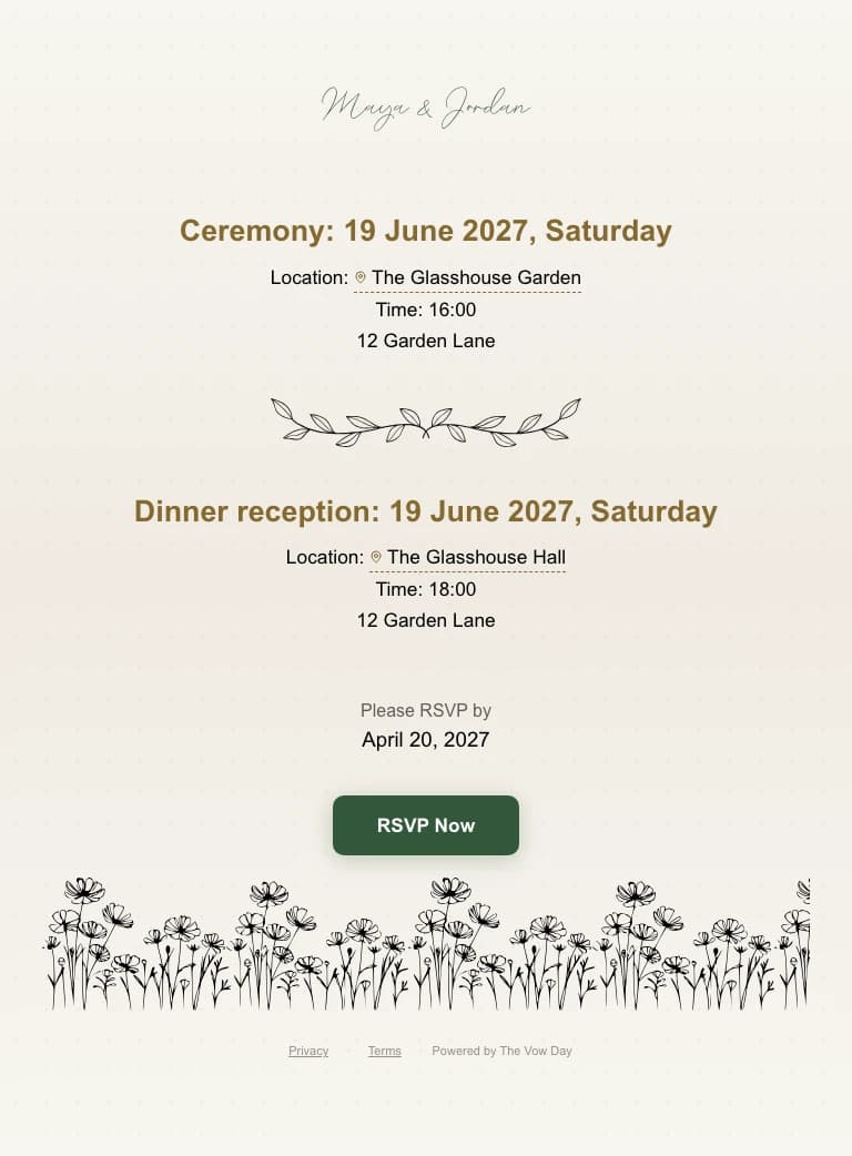 Maya and Jordan’s sample website with ceremony and dinner details, RSVP deadline, and floral decorations.